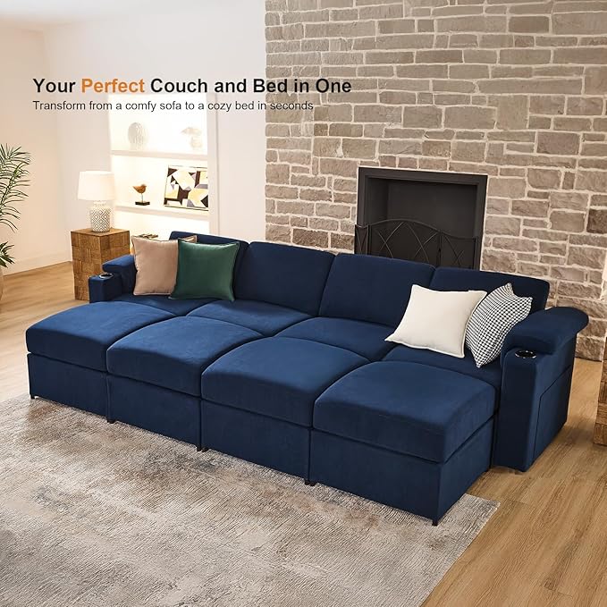 Modular Sectional Sofa Couch for Living Room Velvet Cloud Couches Oversized U Shaped Convertible Sleeper Sofa Chaise Detachable Armrest Cushion Cup Holder (Blue, 8 Seats)