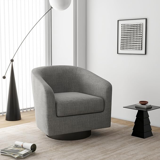 Swivel Barrel Accent Chair, Modern Round Linen Arm Chair for Living Room, Bedroom, Comfy Club Reading Chairs for Adults(Linen Fabric, Light Grey, Set of 1