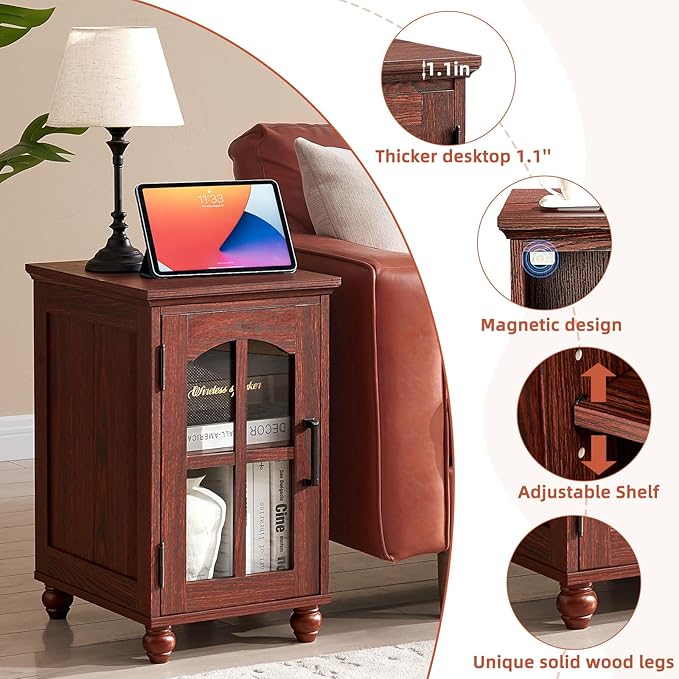 Narrow Side Table Set of 2,Farmhouse Nightstand with Charging Station,End Table with Glass Barn Door Storage, Cabinet Organizer with Adjustable Shelf, Night Stand for Small Spaces Living Room Bedroom