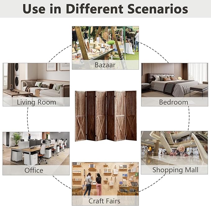 6 Panel Pegboard Room Divider, 5.6Ft Pegboard Display Folding Privacy Screens, Wood Room Divider Peg Board Display Freestanding for Trade Show Craft Show Home Wall Organizer, Brown