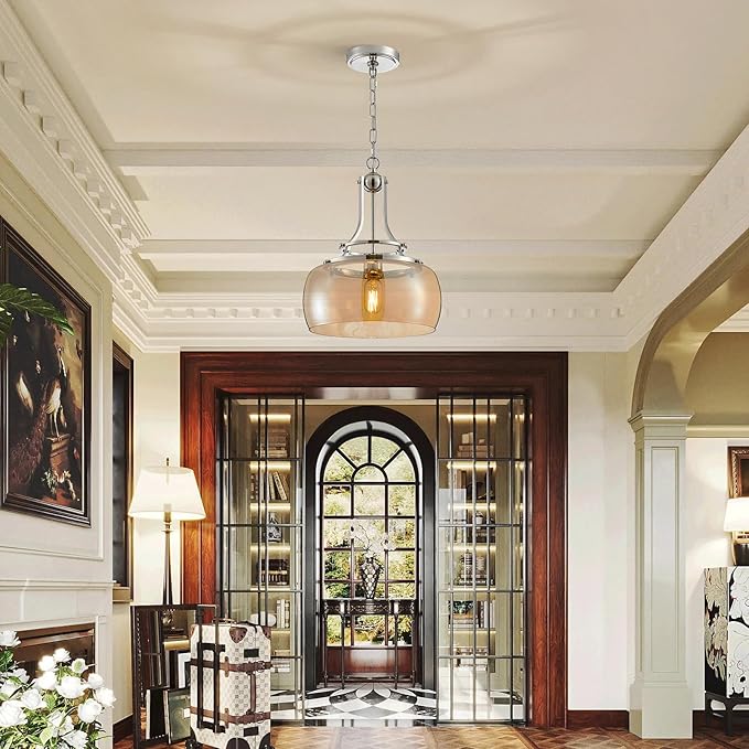 WUZUPS Nickel Chandelier Rustic Farmhouse Industrial Round Ceiling Pendant LED Light Fixture with Amber Glass Shade for Dining Room Kitchen Island Foyer Entryway, H 17" W 13.4", E26 Base