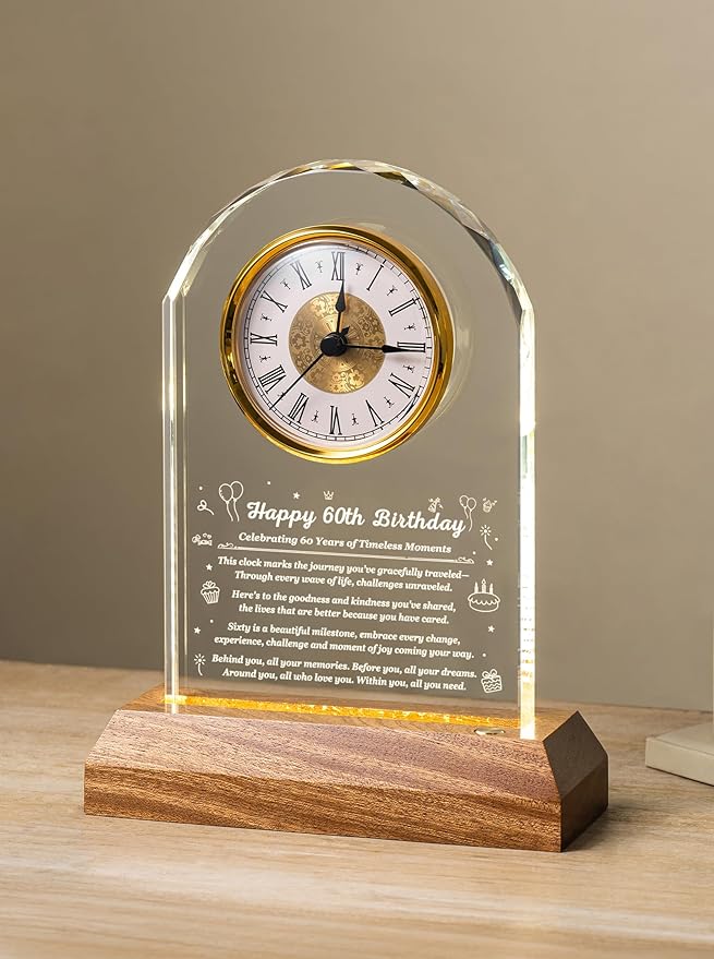 60th Birthday Clock Gifts for Women and Men – Gift for 60 Year Old Mom, Dad, Grandma, or Grandpa with Wooden LED Light Base – Birthday Present Ideas for Her or Him with Gift Box Battery Not Included
