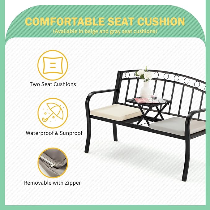 AVAWING Outdoor Metal Garden Bench, 2-Seat Patio Porch Bench with Steel Frame, Park Bench w/Pullout Middle Table& Cushion for Backyard Lawn Deck Entryway, Black