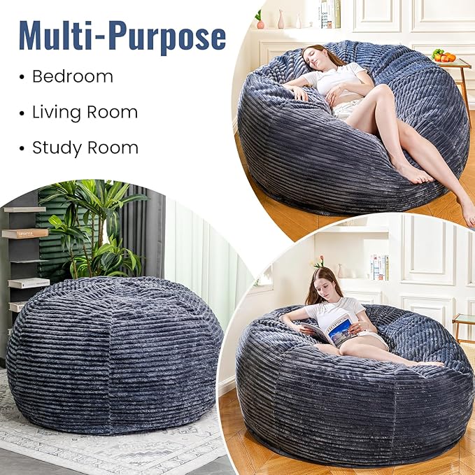 Large Bean Bag Chair, 5FT Giant Beanbag Chairs with Memory Foam Filled, Bean Bag Chairs for Adults, Ultra Soft Lazy Sofa for Living Room Bedroom (Gery)