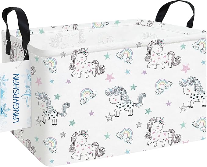 LANGYASHAN Rectangular Storage Bin Collapse Canvas Fabric Cartoon Storage Basket with Handles for Organizing Home Kitchen Boys and Girls Toys Office Closet Shelf Baskets (Rec Rainbow Unicorn)