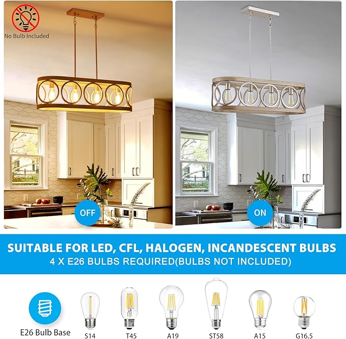 XINGQI Kitchen Island Chandelier for Dining Room Modern Farmhouse Rectangle Pendant Lighting Fixture Vintage Linear Hanging 4-Light Rustic Living Room, Antique Brushed Nickel and Wood Grain Finish