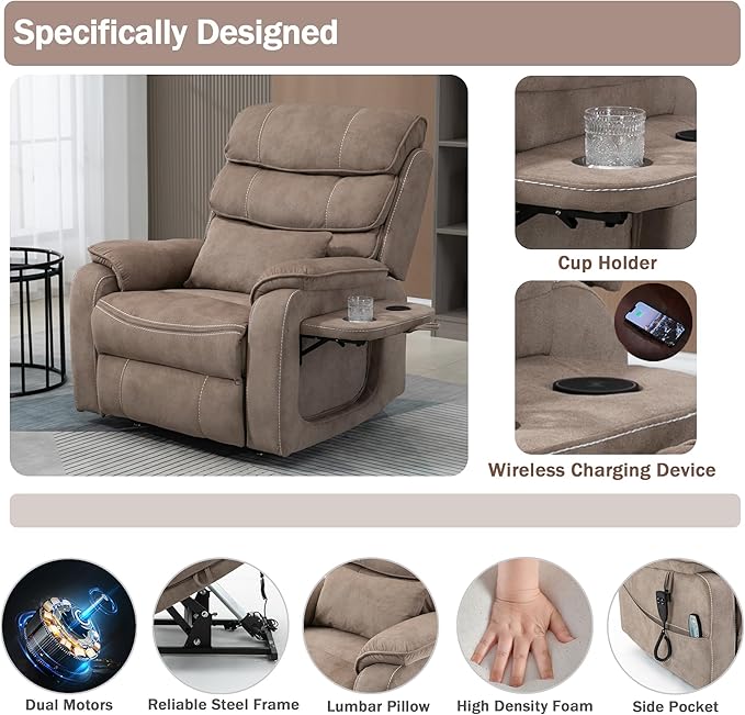 Power Lift Recliner Chair for Adults Elderly Lay Flat Velvet Recliners with Massage Heating, Extended Footrest, Wireless Charging Device, USB Ports, Cup Holder, Lumbar Pillow