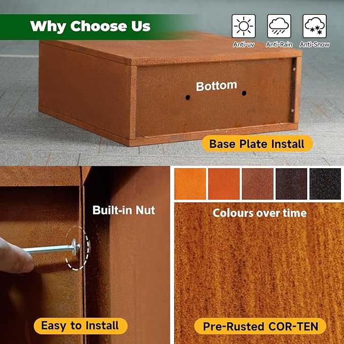 Galvanized Steel Metallic Heavy Planter for Outdoor Plants Metal Outdoor Planter Spliced Flower Box with Partitions for Outside,Indoor,Garden (Corten, 24 * 10 * 24)