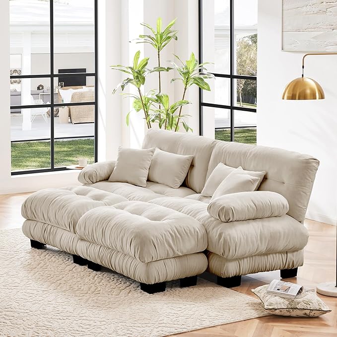 Loveseat Modular Sectional Sofa, U Shaped Couch with Ottoman, Cloud Couch Sectional Couch Home Sofa Living Room Oversized Couch Deep Seat Couch with Round Bolster Armrests 4 Pillows