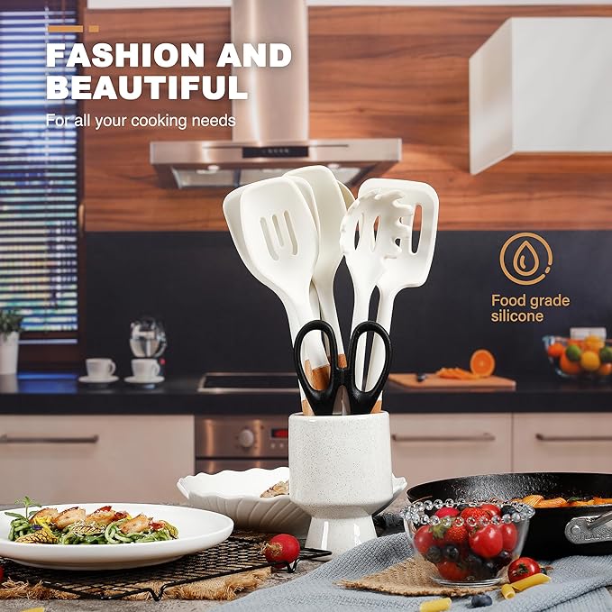 QMVESS Silicone Cooking Utensils Set, Kitchen Utensils Set 7 Pcs with Long Wooden Handle, Food Grade and Heat Resistant Large Silicone Spatula Set for Nonstick Cookware, BPA Free(White)