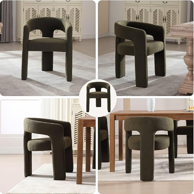 Green Sherpa Dining Chairs Set of 4, Modern Barrel Dining Room Chairs Upholstered Faux Fur Accent Chair with Arms and Round Back for Living Room Kitchen Armchair No Assembly Needed