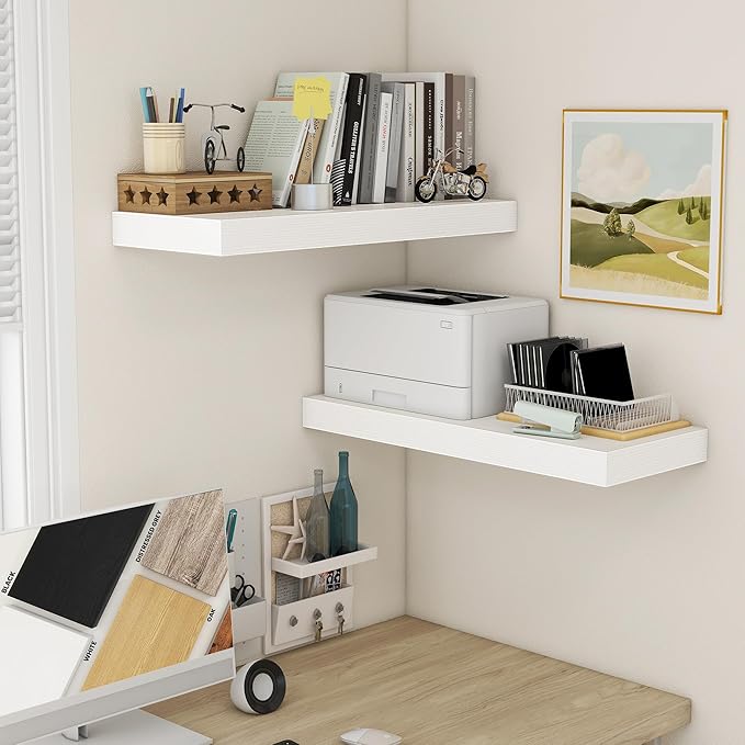 Deep Floating Shelves | 30 Inch Floating Shelves for Wall Set of 2 | 12 Inch Deep White Shelves for Living Room Bathroom Laundry Room Bedroom Kitchen Home Office - White