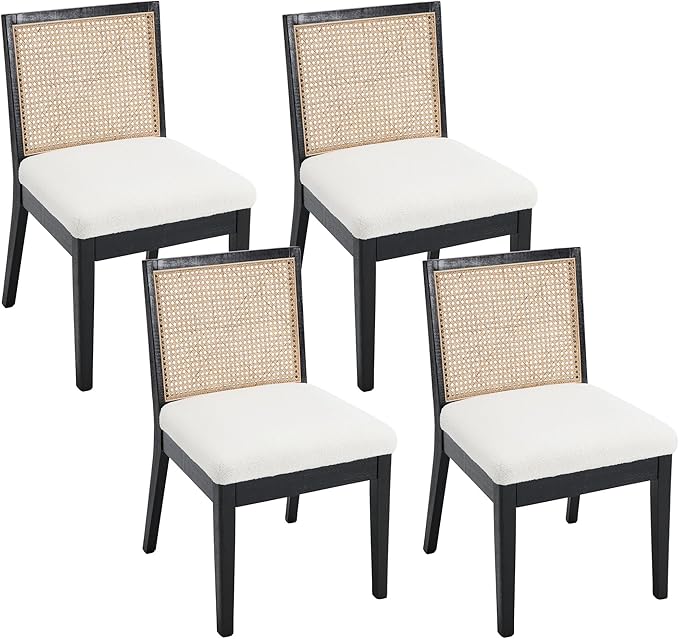 VESCASA Upholstered Dining Chairs with Square Rattan Back, Armless Padded Sherpa Fleece Cushion Dining Chairs with Wood Legs for Dining Room, Kitchen, Set of 4, Black Frame