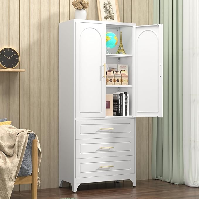 Kitchen Pantry Cabinet, 75" Tall Pantry Cabinet with Three Drawers, Freestanding Food Cupboard with Doors and Shelves, Metal Storage Cabinets for Dining, Living Room, White, Assembly Required