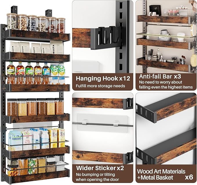 6 Tier Over The Door Pantry Organizer, 2 IN 1 Wall Mount or Metal Hanging Spice Rack for Pantry Organizers and Storage, Seasoning Shelves,Adjustable Basket with Hooks for Kitchen, Bathroom,Laundry