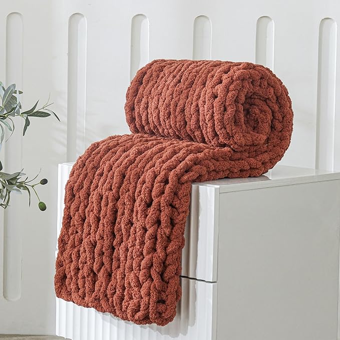 WESHIONGOO Chunky Knit Blanket Throw 40"*40“ Knitted Throw Blankets for Couch Bed Fluffy Soft Blanket with Jumbo Chenille Yarn Thick 100% Handmade(Rust)