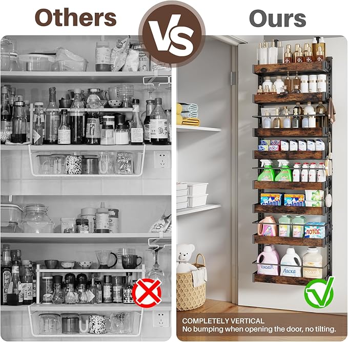 8 Tier Over The Door Pantry Organizer, 2 IN 1 Wall Mount or Metal Hanging Spice Rack for Pantry Organizers and Storage, Seasoning Shelves,Adjustable Basket with Hooks for Kitchen, Bathroom,Laundry