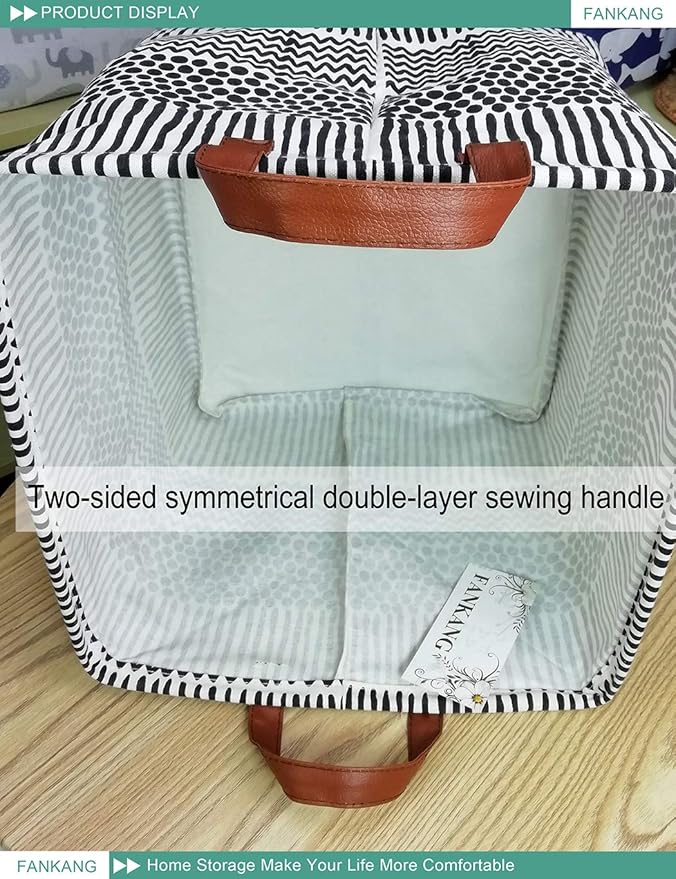 FANKANG Square Nursery Hamper Storage Bins Canvas Laundry Basket Foldable with Waterproof PE Coating Storage Baskets Gift Baskets for Children, Office, Bedroom, Clothes(Square-Black Lines )