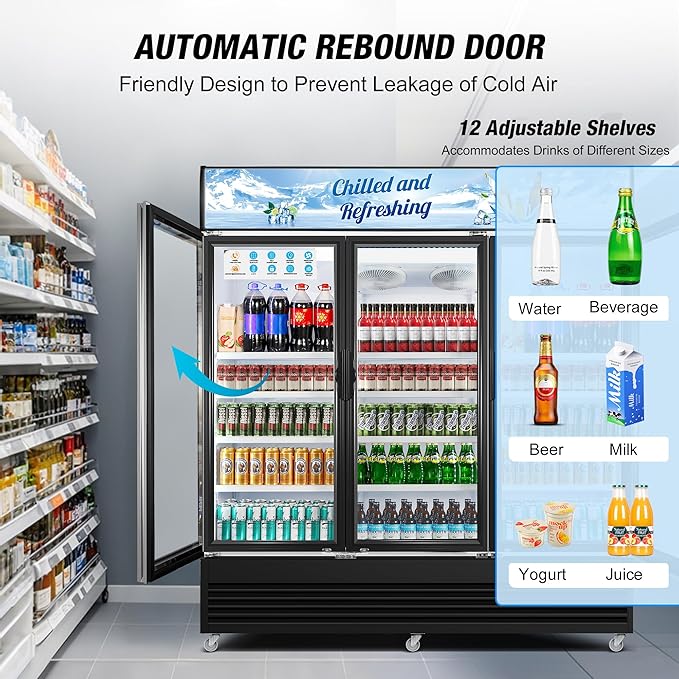 Commercial Beverage Refrigerator, 75" W 60 Cu. Ft. Commercial Drink Fridge, Display Refrigerator with 3 Glass Door, Commercial Display Fridge with 12 Adjustable Shelves, for Shop, Restaurant, Bar