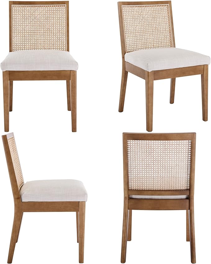 VESCASA Upholstered Dining Chairs with Square Rattan Back, Armless Padded Linen Cushion Dining Chairs with Wood Legs for Dining Room, Kitchen, Set of 2, Natural Frame