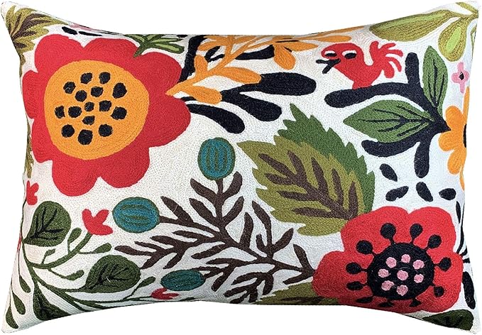Lumbar Cream Suzani Cushions - Boho Floral Throw Pillows | Outdoor Pillows & Chair Cushions - Hand Embroidered Wool Size - 14x20