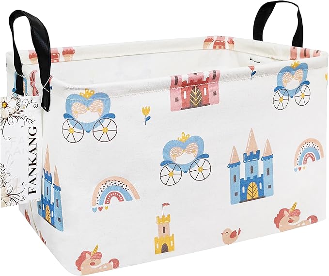 FANKANG Storage Bins, Nursery Hamper Canvas Laundry Basket Foldable with Waterproof PE Coating Large Storage Baskets for Kids Boys and Girls, Office, Bedroom, Clothes,Toys(Rec-castle carriage )