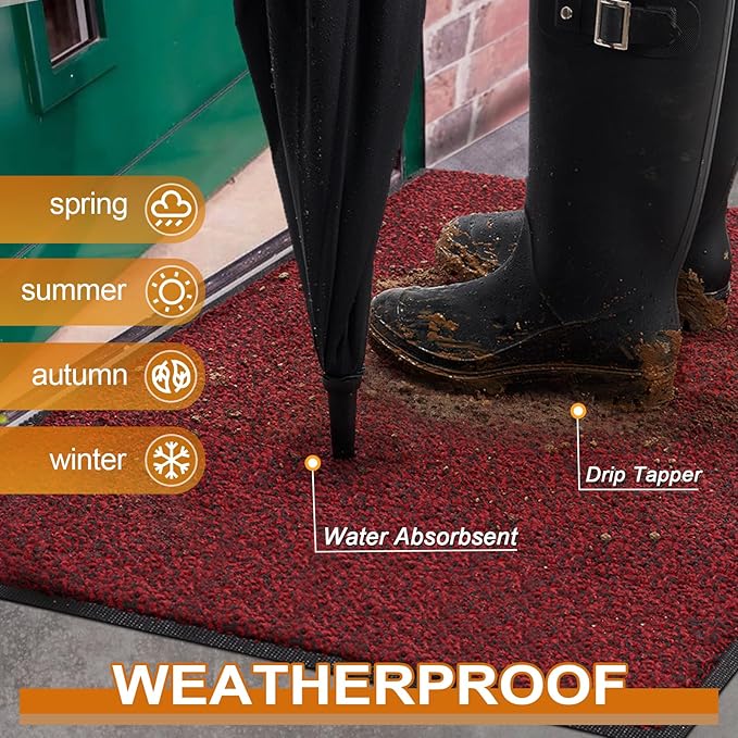 Mibao Front Door Mat, Dirt Trapper Welcome Mat for Outdoor Indoor, Non-Slip Waterproof Doormat, Durable Machine Washable Low Profile Entry Rug for Back Door Outside Patio Porch, 60" x 36", Red
