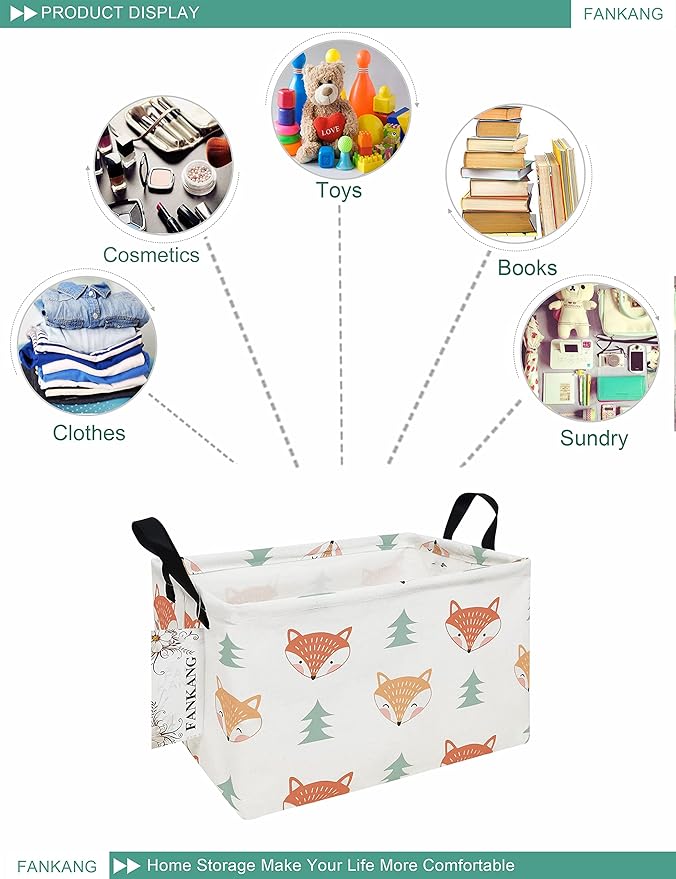 FANKANG Storage Bins, Nursery Hamper Canvas Laundry Basket Foldable with Waterproof PE Coating Large Storage Baskets for Kids Boys and Girls, Office, Bedroom, Clothes,Toys(Rec-Fox )