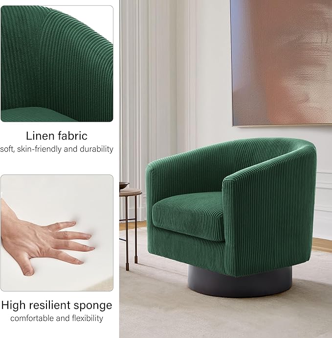 Swivel Barrel Accent Chair, Modern Round Corduroy Fabric Arm Chair for Living Room, Bedroom, Comfy Club Reading Chairs for Adults (Corduroy Dark Green, Set of 2)