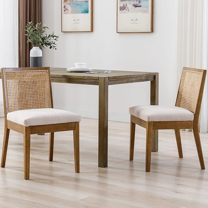 VESCASA Upholstered Dining Chairs with Square Rattan Back, Armless Padded Linen Cushion Dining Chairs with Wood Legs for Dining Room, Kitchen, Set of 2, Natural Frame