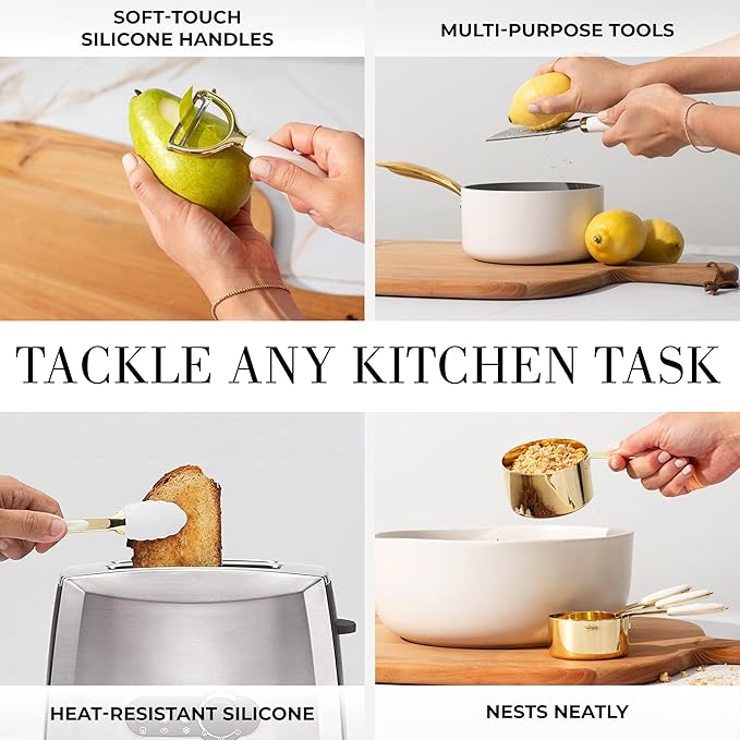 Styled Settings White and Gold Kitchen Utensils Set – 16-Piece Silicone Cooking Utensils with Measuring Cups and Spoons