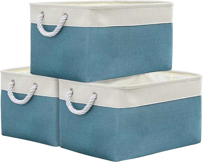 TheWarmHome Storage Baskets for Organizing - Extra Large 3 Pack 17x14x10 inch Storage Bins for Shelves Closet Nursery Bathroom Bedroom Baby Clothes Dog Toy Home Organization (White & Green)