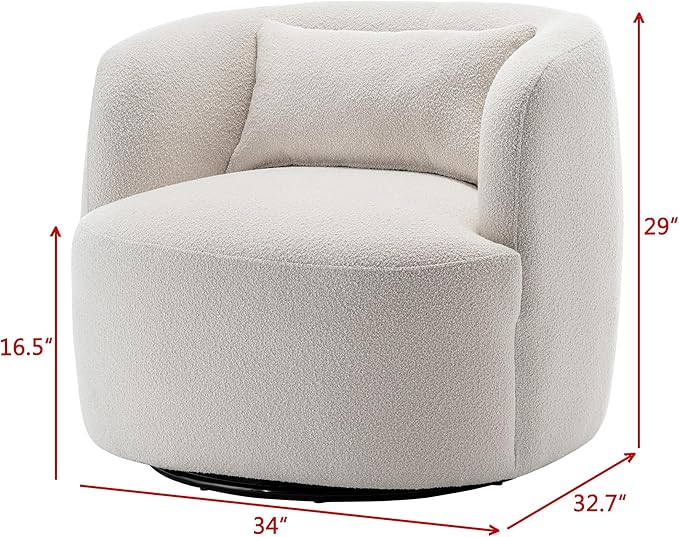 KINWELL 34" Wide Sherpa Swivel Barrel Chair, No Assembly Round Boucle Upholstered Accent Chair Armchair Single Sofa Chair with Toss Pillow for Living Room and Bedroom, Beige