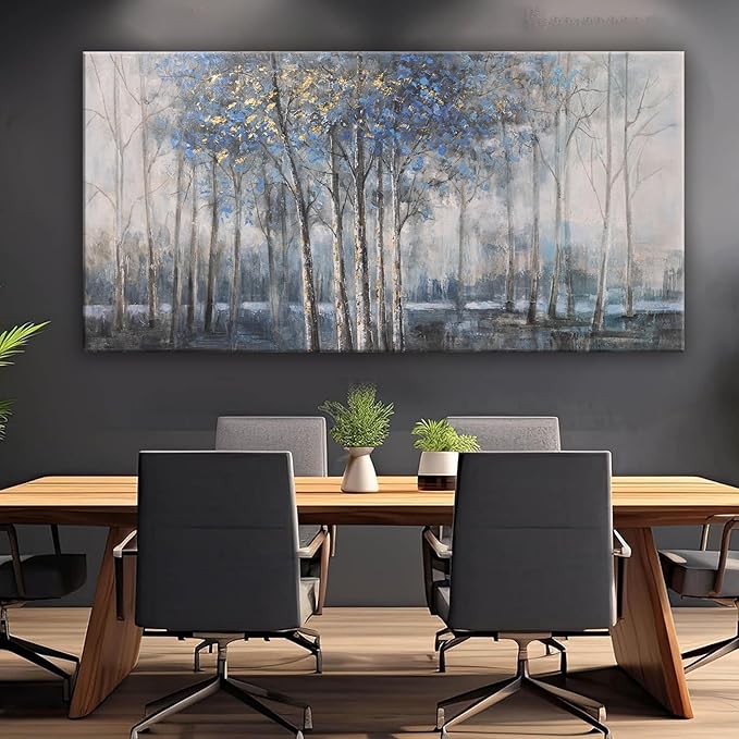 Canvas Wall Art Decor Pictures Wall Decor Prints Modern Wall Art Decor Large Gold Wall Art Blue Grey Misty Botanical Textured Artwork for Walls For Room Living Room Bedroom Office Wall Decor 29"X58"