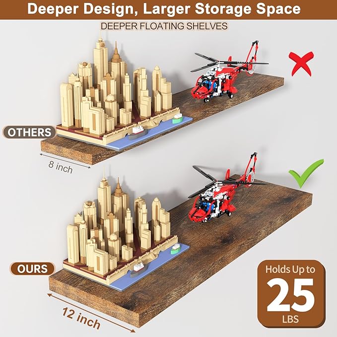 12 Inch Deep Floating Shelves for Wall 1 Pack Floating Shelves Large Storage Space Wall Mount Shelf for Living Room Kitchen Bathroom 30" W x 12" D x 1.2" H Rustic Brown