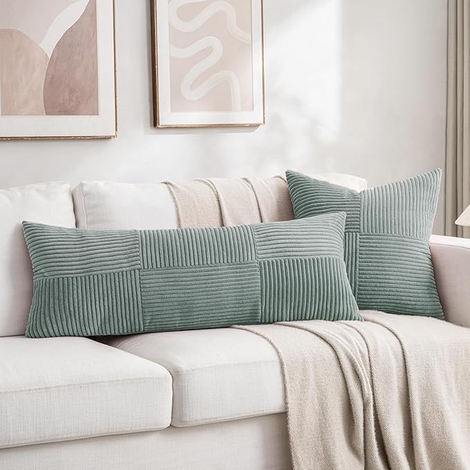 Fancy Homi 2 Packs Grey Blue Decorative Throw Pillow Covers 18x18 Inch for Couch Bed Sofa, Rustic Boho Farmhouse Home Decor, Soft Corss Corduroy Patchwork Textured Square Cushion Case 45x45 cm