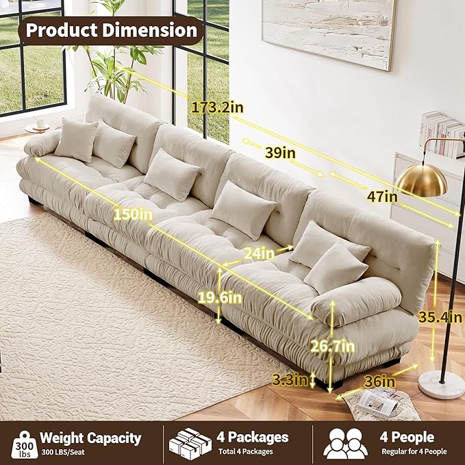 Modular Sectional Sofa Cloud Couch 4-Seater Deep Seat Sofa Couch, Oversized Couch Bed Sectional Couch with Round Bolster Armrests 6 Pillows, Modern Sofa Chair Comfy Couch