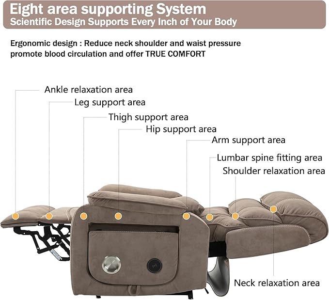 Power Lift Recliner Chair for Adults Elderly Lay Flat Velvet Recliners with Massage Heating, Extended Footrest, Wireless Charging Device, USB Ports, Cup Holder, Lumbar Pillow