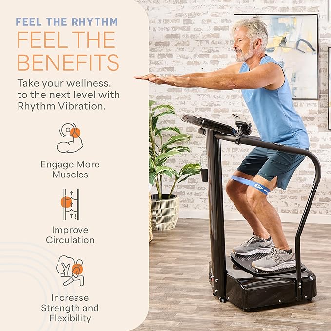 Lifepro Rhythm Vibration Plate Exercise Machine with Handles for Balance Support – Vibrating Plate for Lymphatic Drainage, Circulation & Recovery, Heart Rate Sensor, Phone Holder, 99 Speed Levels