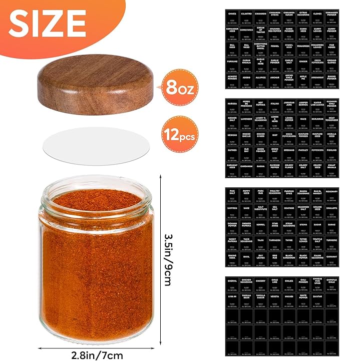 Yangbaga 12Pcs Glass Spice Jars with Labels-8oz Acacia Wood Lid Square Spice Containers,Seasoning Jars for Rack Cabinet Drawer,KitchenPantry Daily Use