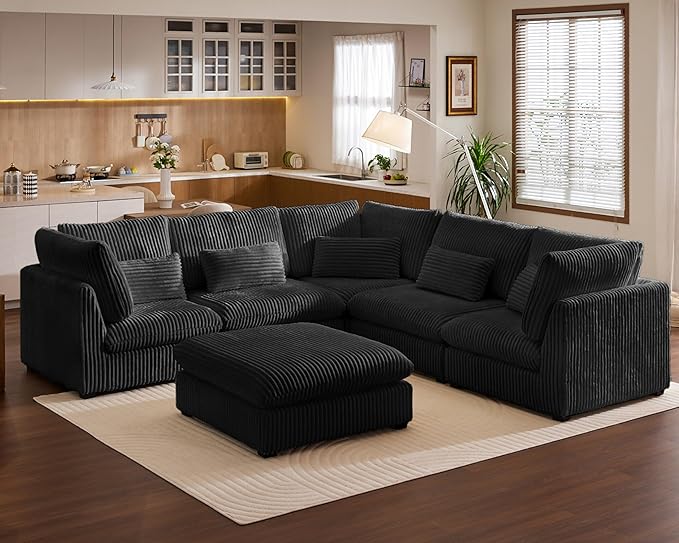 Oversized Modular Sofa, Extra Deep Cloud Corduroy Sectional Couch with Ottoman Chaise, Fluffy Chenille Corner V Shape Sofa for Living Room, Villa (Corner V Shape+Ottoman, Corduroy Black)