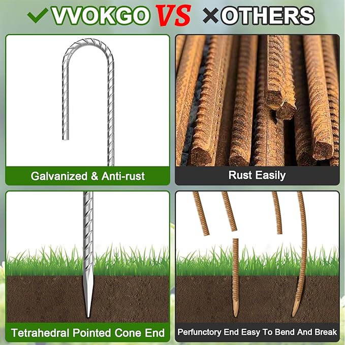 VVOKGO Rebar-Stakes-12-Inch J Hook Galvanized Tent Stakes Heavy Duty, 20-Pack Ground Chain Link Fence Anchors with Chisel Point End for Bounce House, Camping Tents, Outdoor Inflatables Decorations