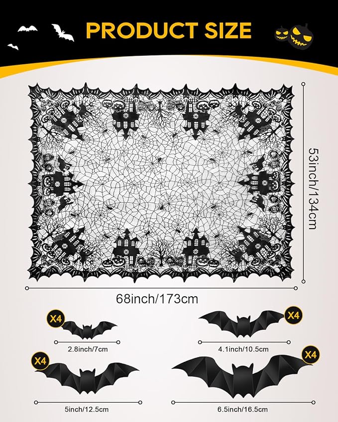 eZAKKA Halloween Table Cloth with 16 Pcs Bats Wall Decor, Spider Web Table Cloth Black Tablecloth Lace Fabric Table Cloths for Rectangle for Parties Gothic Spooky Home Decorations, 53x68 Inch