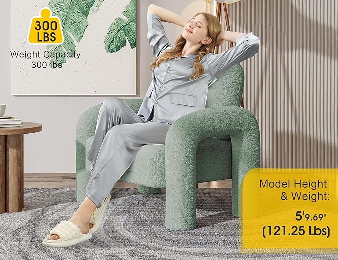 Modern Sherpa Accent Chair, Teddy Upholstered Arm Single Sofa, Cozy Fluffy Reading Chair for Living Room, Bedrooms, Corner (Mint Green)