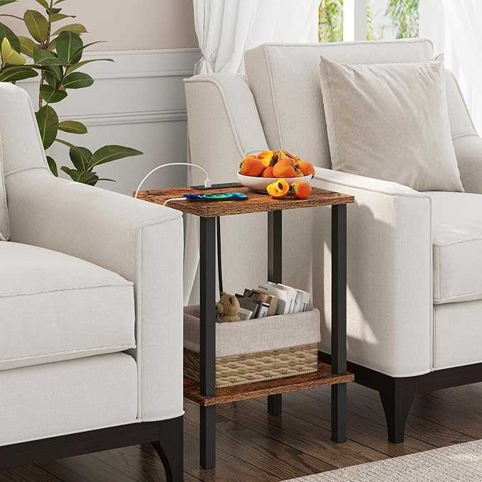 TUTOTAK End Table with Charging Station, Side Table with USB Ports and Outlets, Nightstand, 2-Tier Storage Shelf, Sofa Table for Small Space TB01BB040