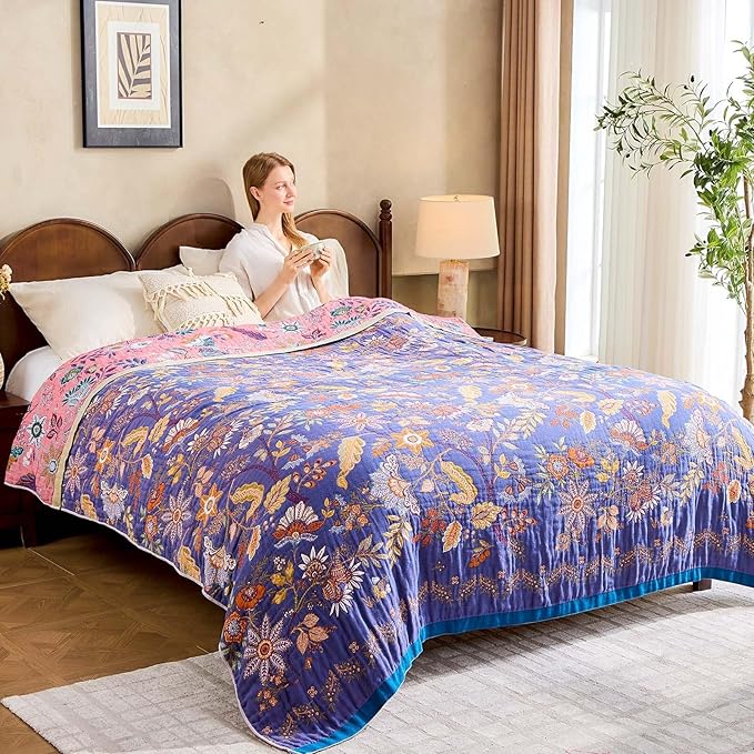 Boho Blanket, 100% Cotton Farmhouse Decorative Throw Blanket, 60"x80" Reversible Bohemian Throw Blanket, Purple All Season Muslin Breathable Woven Blankets Quilt