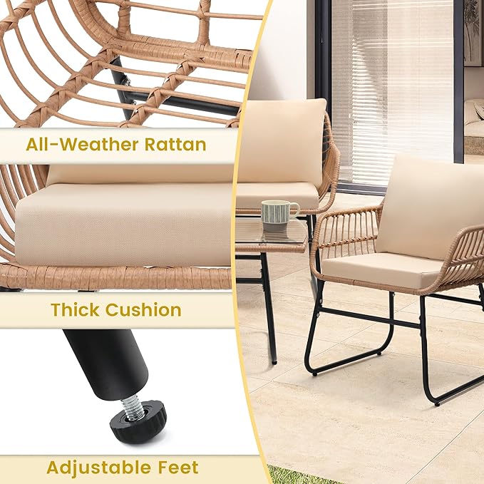 Kromax 4 Piece Patio Bistro Outdoor Furniture Set, Wicker Sofa, 2 Rattan Chairs, and Table, Backyard Conversation Set, All Weather Cushions, Natural Rattan Beige Cushion