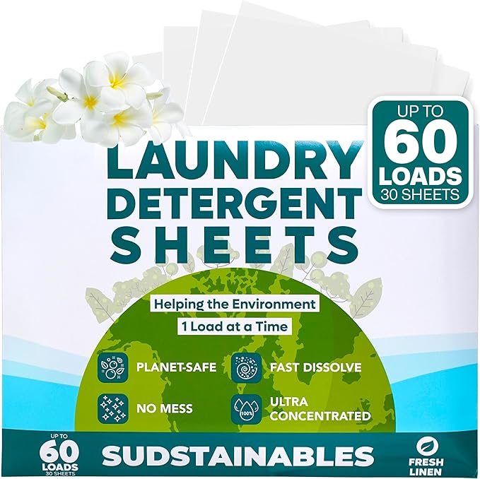 Sudstainables Laundry Detergent Sheets (60 Loads) – Eco-Friendly, Zero Waste, Plastic-Free Laundry Washing Machines Soap Sheets; Dissolvable, Space-Saving Strips for Travel (Fresh Linen)
