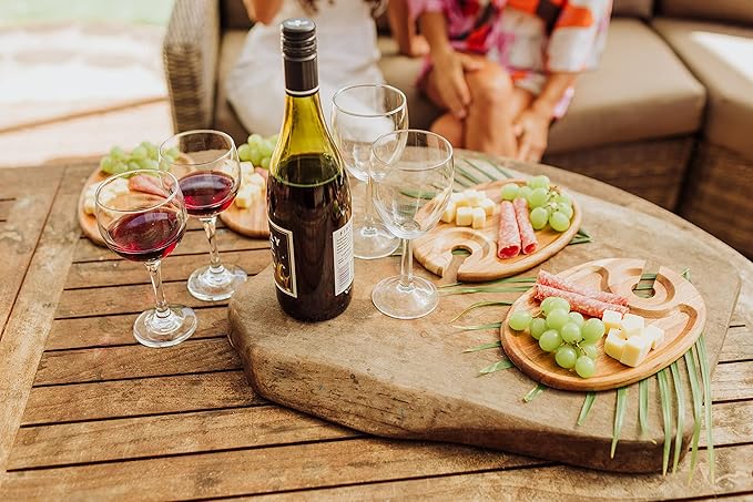 PICNIC TIME TOSCANA -Wine Appetizer Plates, Cocktail Plate with Glass Holder, Cheese Board with Wine Holder, (Acacia Wood), 9 x 6, Set of 4