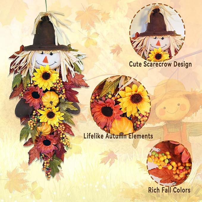 24" Rustic Fall Scarecrow Teardrop Swag β Farmhouse Sunflower & Pumpkin Wreath β Autumn Harvest Hanging Decor for Front Door, Wall, Porch, Indoor/Outdoor